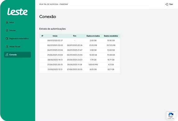 Tela de conexão com extrato de autenticações no portal do assinante